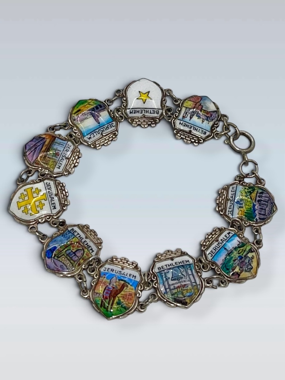 Vintage Silver Enamel Holy Land Souvenir Link Bracelet Jerusalem Bethlehem